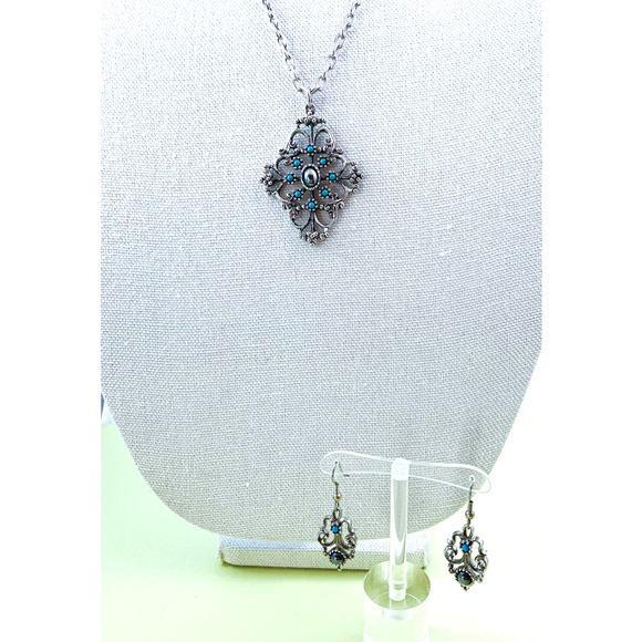Avon Mirabella, 1974, Pendant & Clip-on Earrings, Hematite & Faux Turquoise - Picture 4 of 5